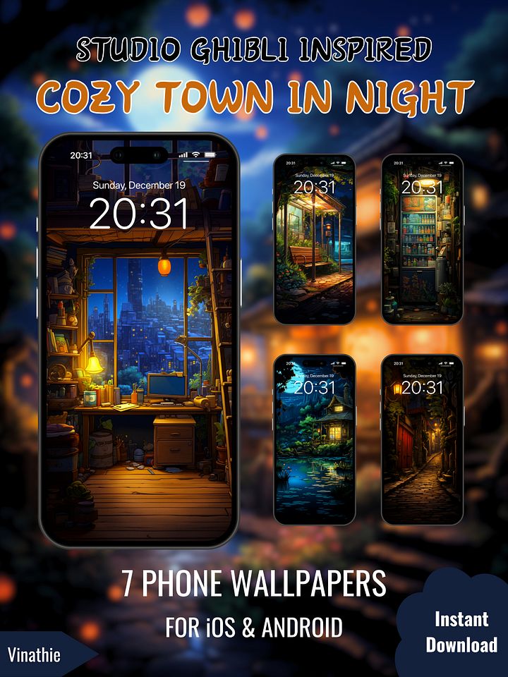 Cozy Town In Night | Studio Ghibli Inspired | Phone Wallpaper product image (1)