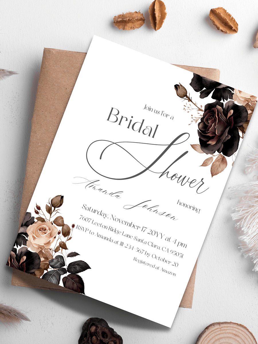 Floral Bridal Shower Invitation, Rustic Wedding Shower Invite Canva Template, Printable Black and White Party Theme Idea, Digital Download product image (1)