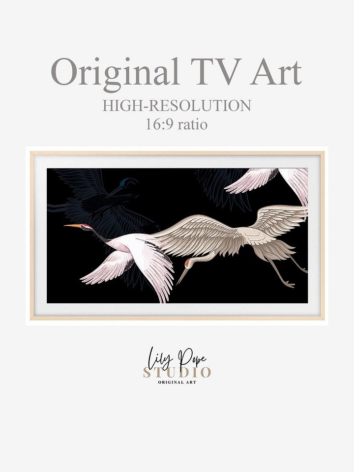 Samsung Frame TV Art Black Japanese Flying Birds Painting Screensaver Digital TV Background product image (2)
