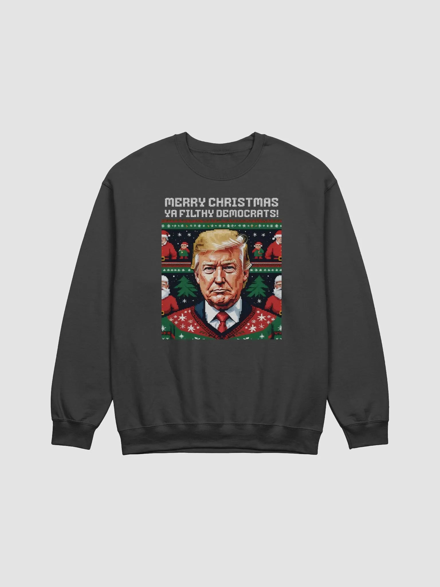 UGLY CHRISTMAS SWEATER TRUMP HOME ALONE 2 THEMED MERRY CHRISTMAS YA FILTHY DEMOCRTS UNISEX SWEATSHIRT product image (1)