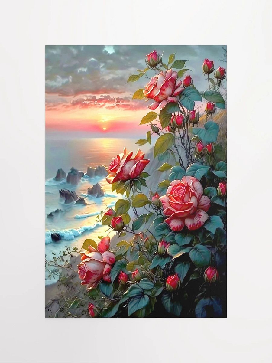 Coastal Sunset Romance: Majestic Roses Against Oceanic Vistas Poster