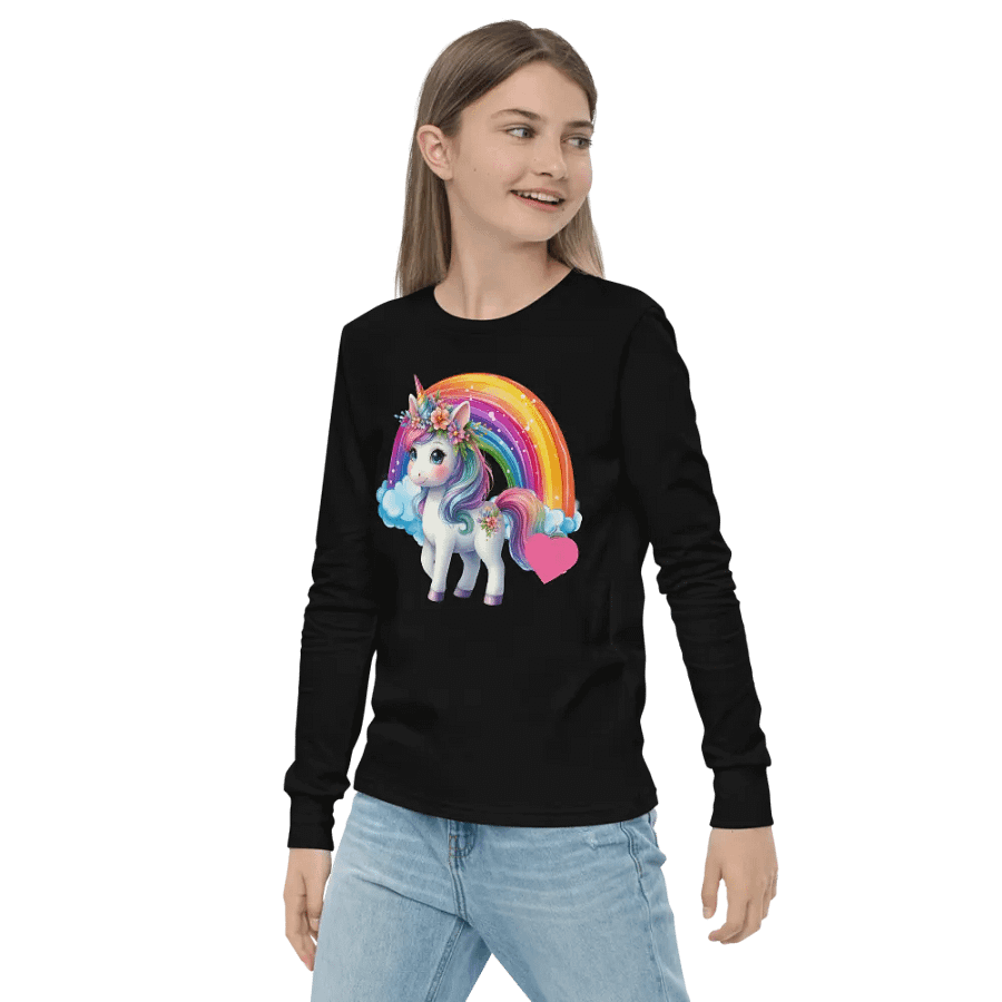 Floral Unicorn with Rainbow Black Long Sleeve Front and Back product image (4)