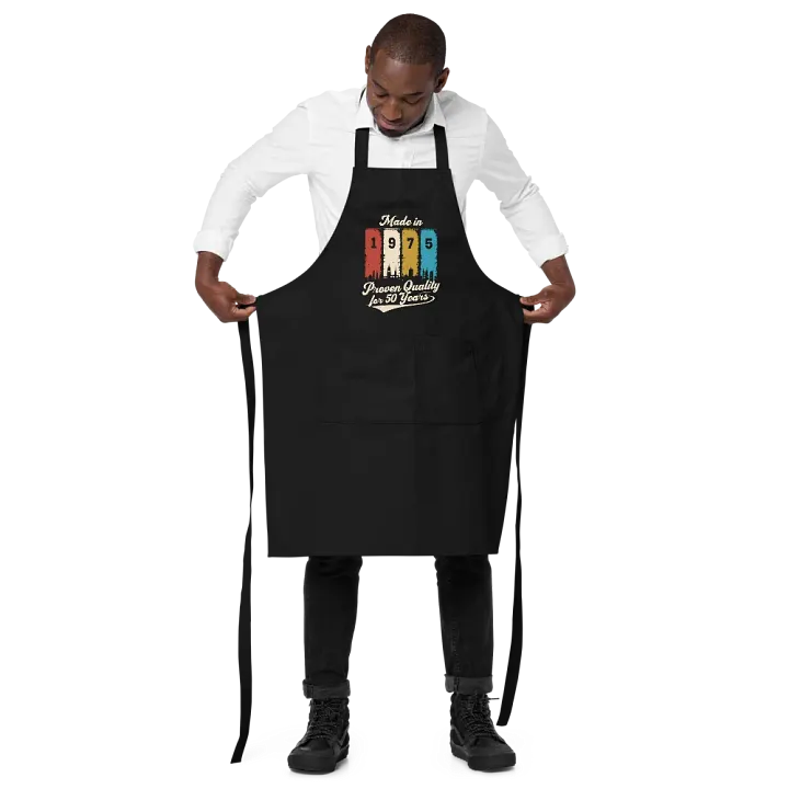 50th Birthday Apron | Made in 1975 – Proven Quality for 50 Years Vintage Organic Apron product image (2)