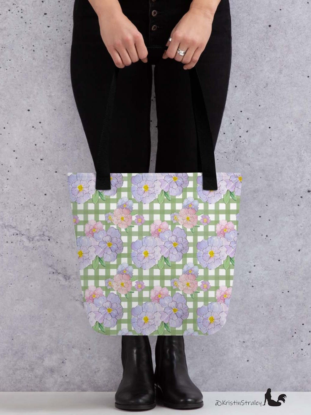 Gingham Blossoms - Med Lavender Flowers on Green Gingham product image (6)