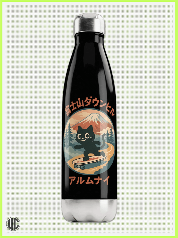UnkoCon Stainless Steel Water Bottle – Fuji Downhill Skater Cat (17 oz) product image (1)
