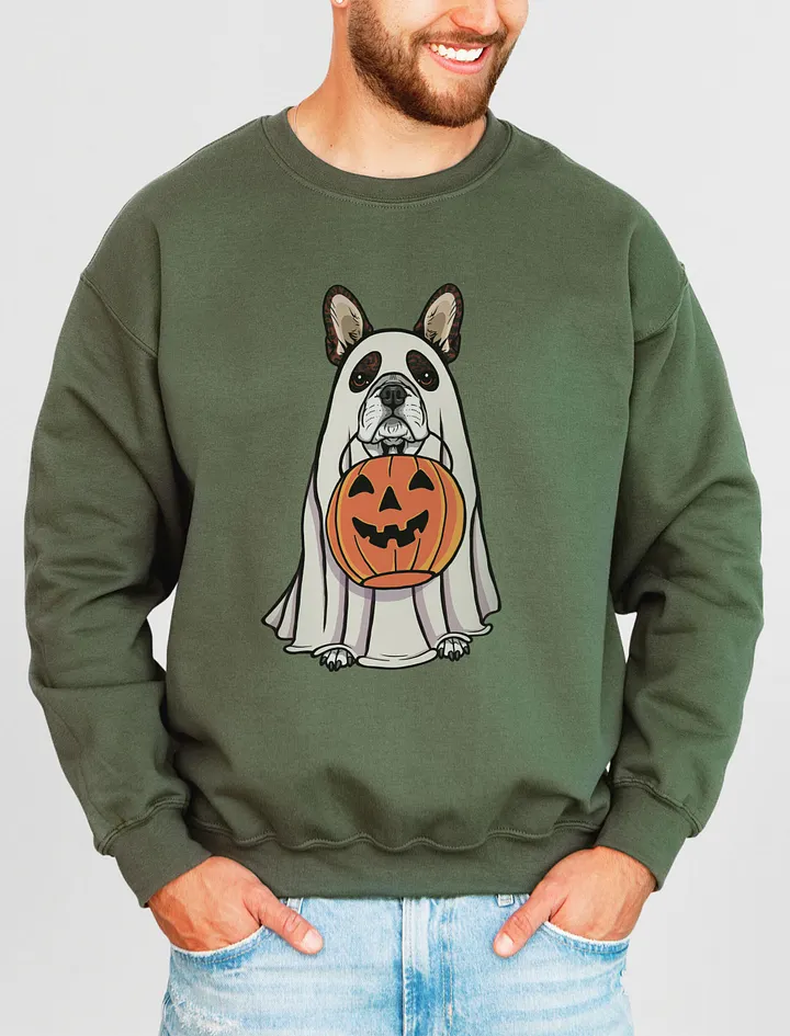 Funny Halloween Boston Terrier(Brindle) Sweatshirt | Funny Boston Terrier Wearing a Ghost Costume and Holding a Pumpkin Basket product image (15)