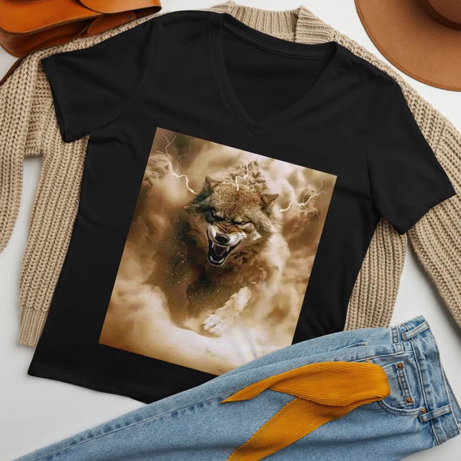 Thunderous Storm Wolf-Women`s V Neck product image (7)