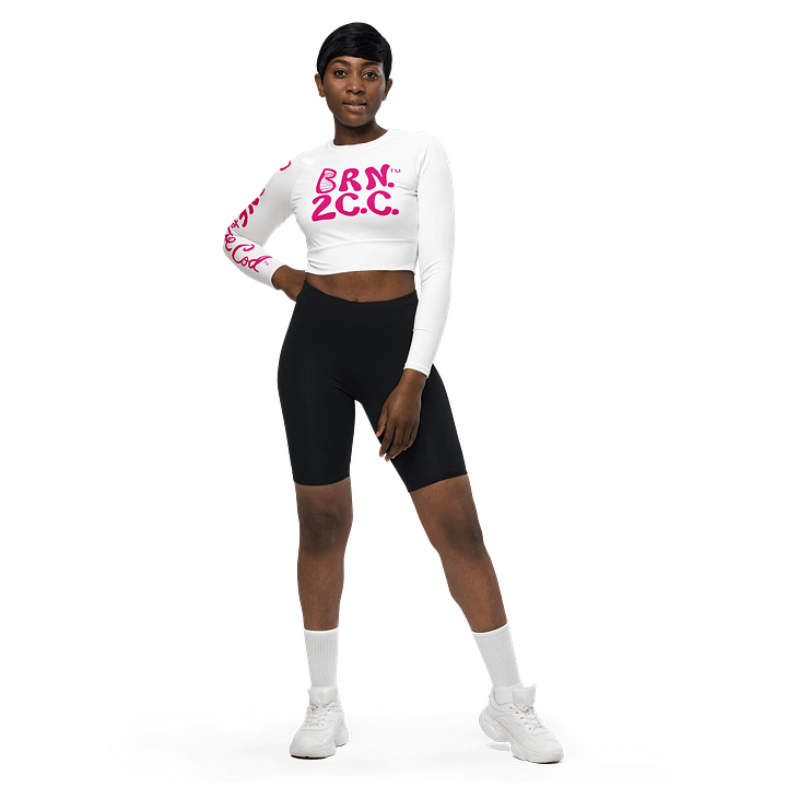 BOURNE to Cape Cod™ Crop Top | BRN.2C.C.™ Coastal Bold | Recycled Long Sleeve Statement Wear 🌊💃☀️ | Vibrant Pink Logos on White product image (1)