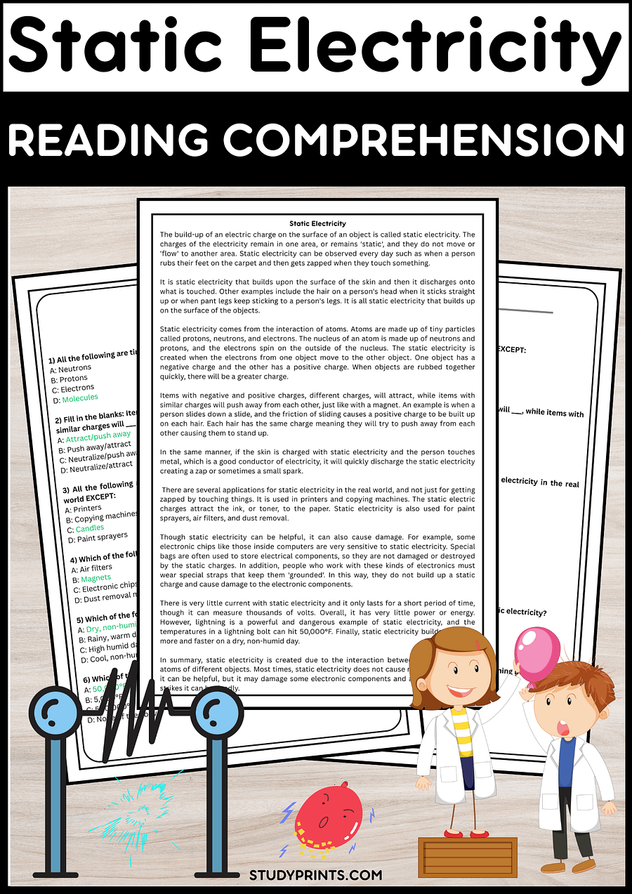 Static Electricity Reading Comprehension with Multiple Choice Questions product image (1)