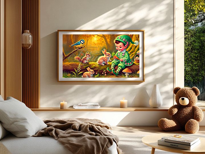 This TV Frame Art piece features a an adorable and cute baby bunny moving a dandelion with it's paw. You can see dandelion seeds blowing in the wind. Make a wish. product image (2)