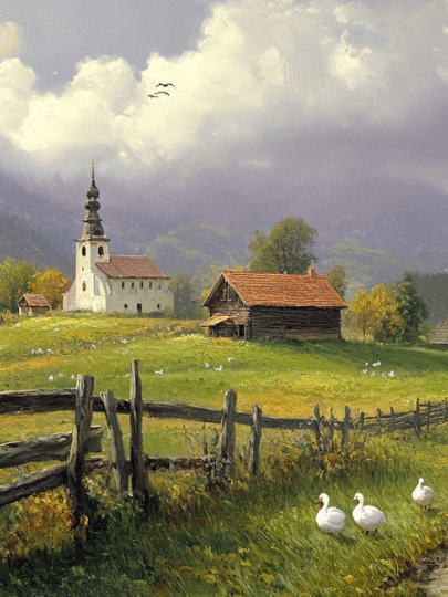 Vintage Farm and Church Landscape Painting - No Frame, Digital Download product image (1)