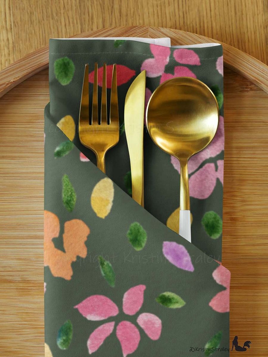 Spring Flowers on Olive Green Cloth Napkin Set of 4 product image (7)