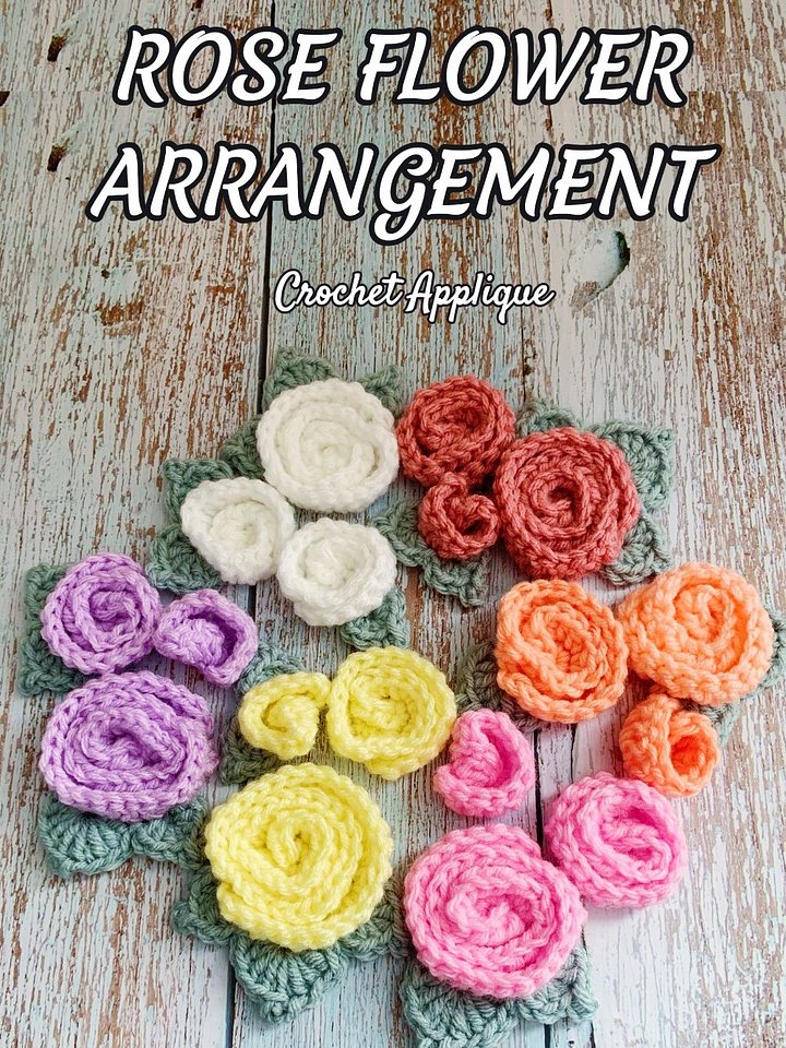 Rose Flower Bouquet Crochet Pattern & Video, Easy Cute Roses Bud and Leaf Applique for Hat, Blanket, Home Decor product image (1)