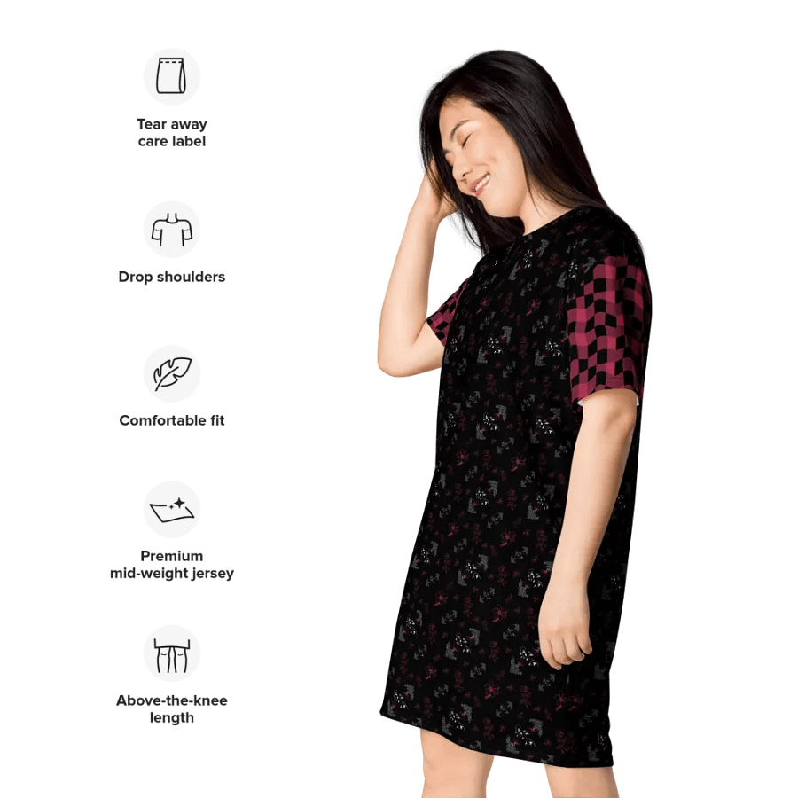 Magenta and White Flowers on Black with Warped Checkered Sleeves Women's T-Shirt Dress product image (10)