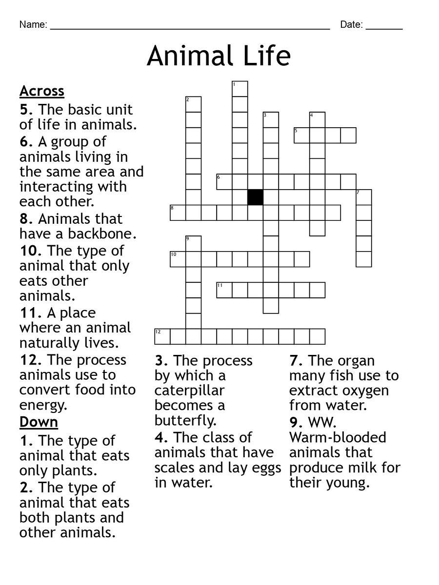 Printable Animal Life Crossword Puzzle product image (1)