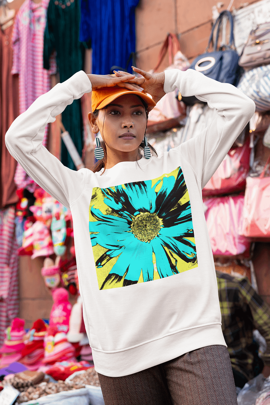 Abstract Yellow, Turquoise and Black Daisy Flower Ladies Crew Neck Sweatshirt product image (3)
