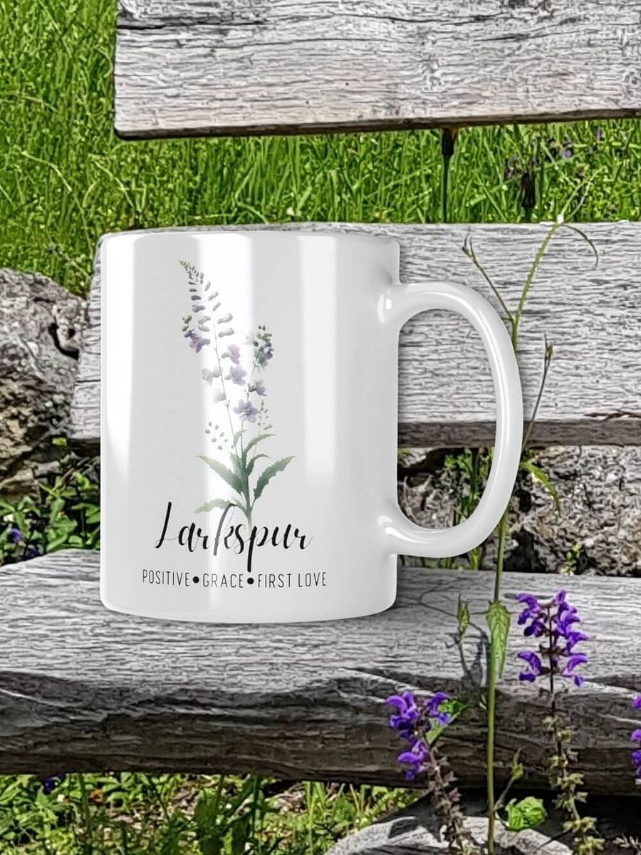 Larkspur Ceramic White Mug: Positive, Grace, First Love, July Birth Month Flower product image (1)