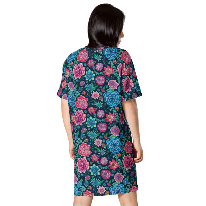 Pink and Blue Bold Coastal Blooms on Dark Blue | T-Shirt Dress | Oversized Dress | Ocean-Inspired Casual Style | Ce Soir Background product image (2)