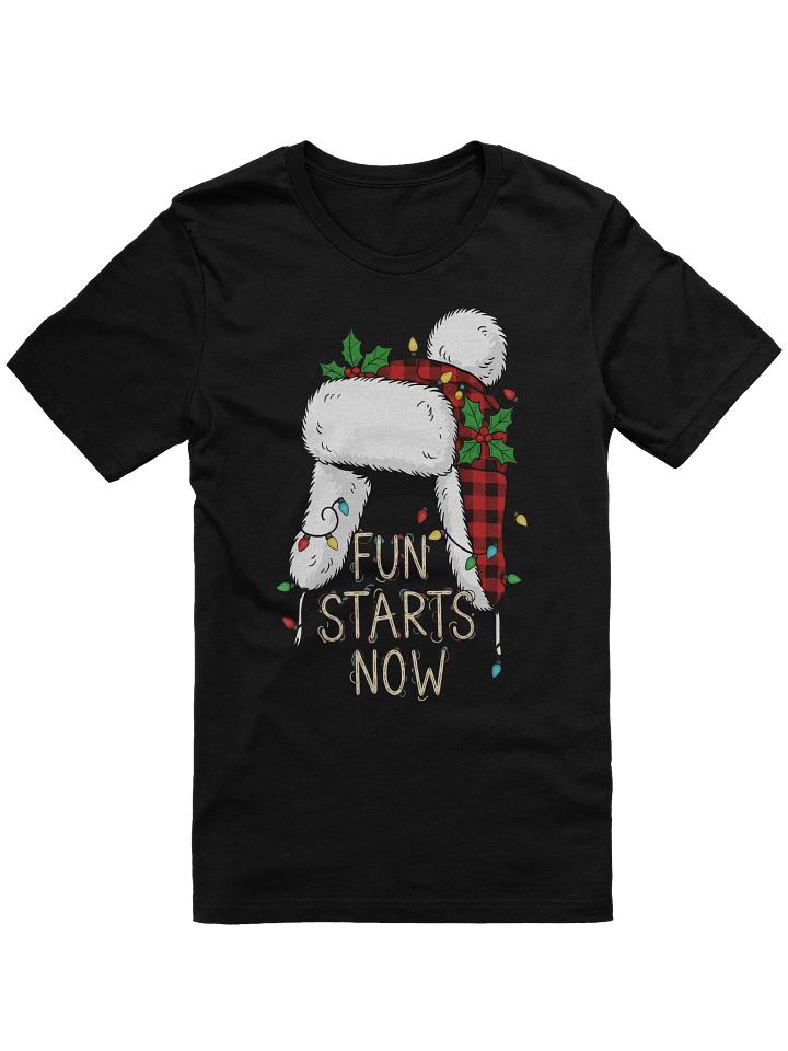 Funny Christmas Hat T-Shirt – “Fun Starts Now” Holiday Plaid Winter Hat Tee – Cozy Festive Lights & Holly Xmas Shirt product image (1)