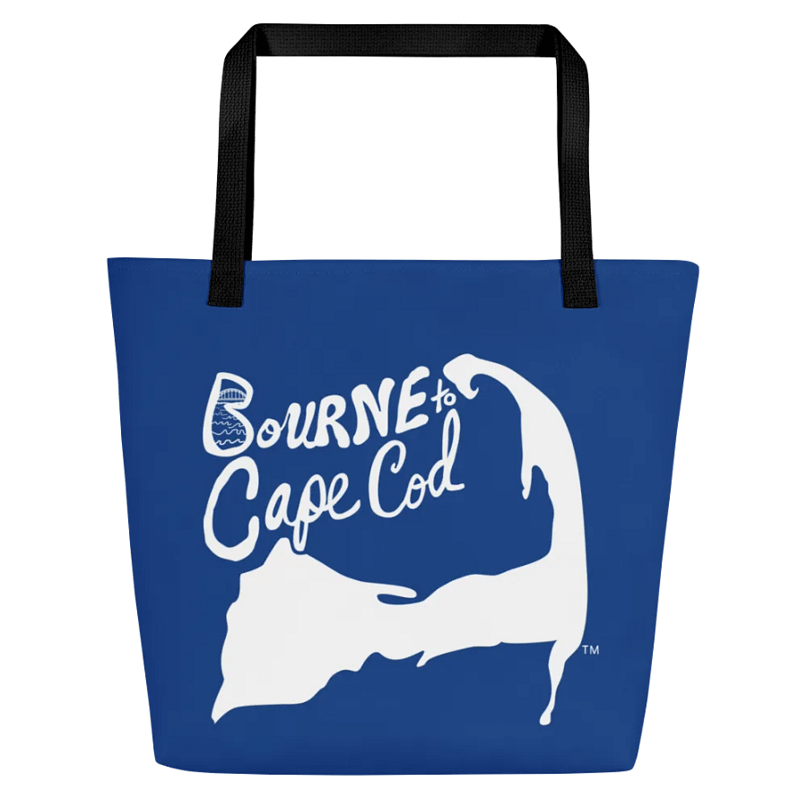 BOURNE to Cape Cod™ | Large Tote Bag with Pocket | Coastal Classic | All-Over Logo Print | White Logo on Vista Cerulean Blue product image (4)