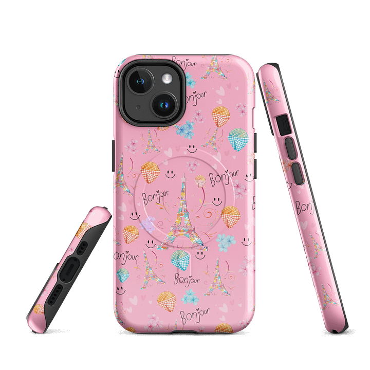 Bonjour Paris Pink iPhone Case | Eiffel Tower MagSafe Compatible Phone Cover with Cute French Design product image (2)