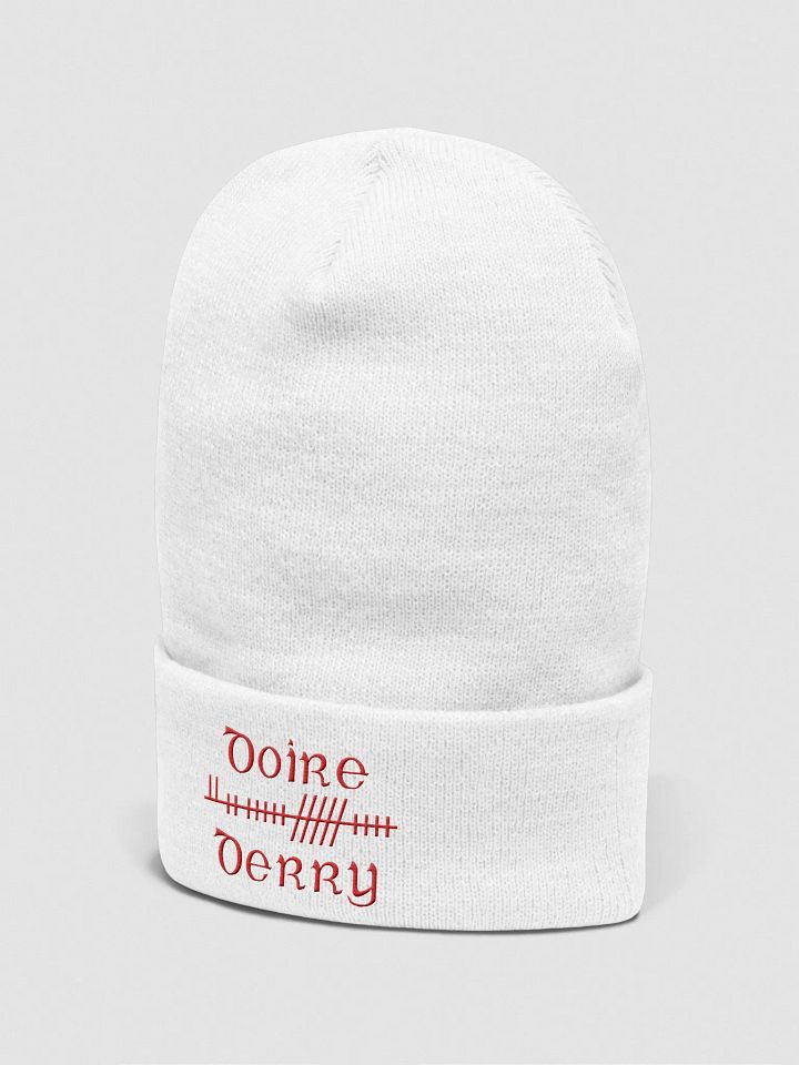 Derry/Doire, Orthodox style Ogham, white with red, embroidered Cuffed Beanie product image (2)
