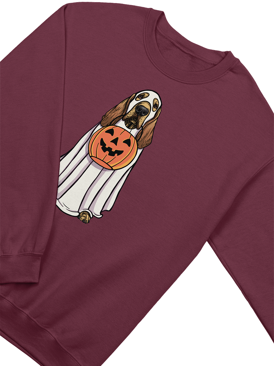 Funny Halloween Bloodhound Sweatshirt | Funny Bloodhound Wearing a Ghost Costume and Holding a Pumpkin Basket product image (13)