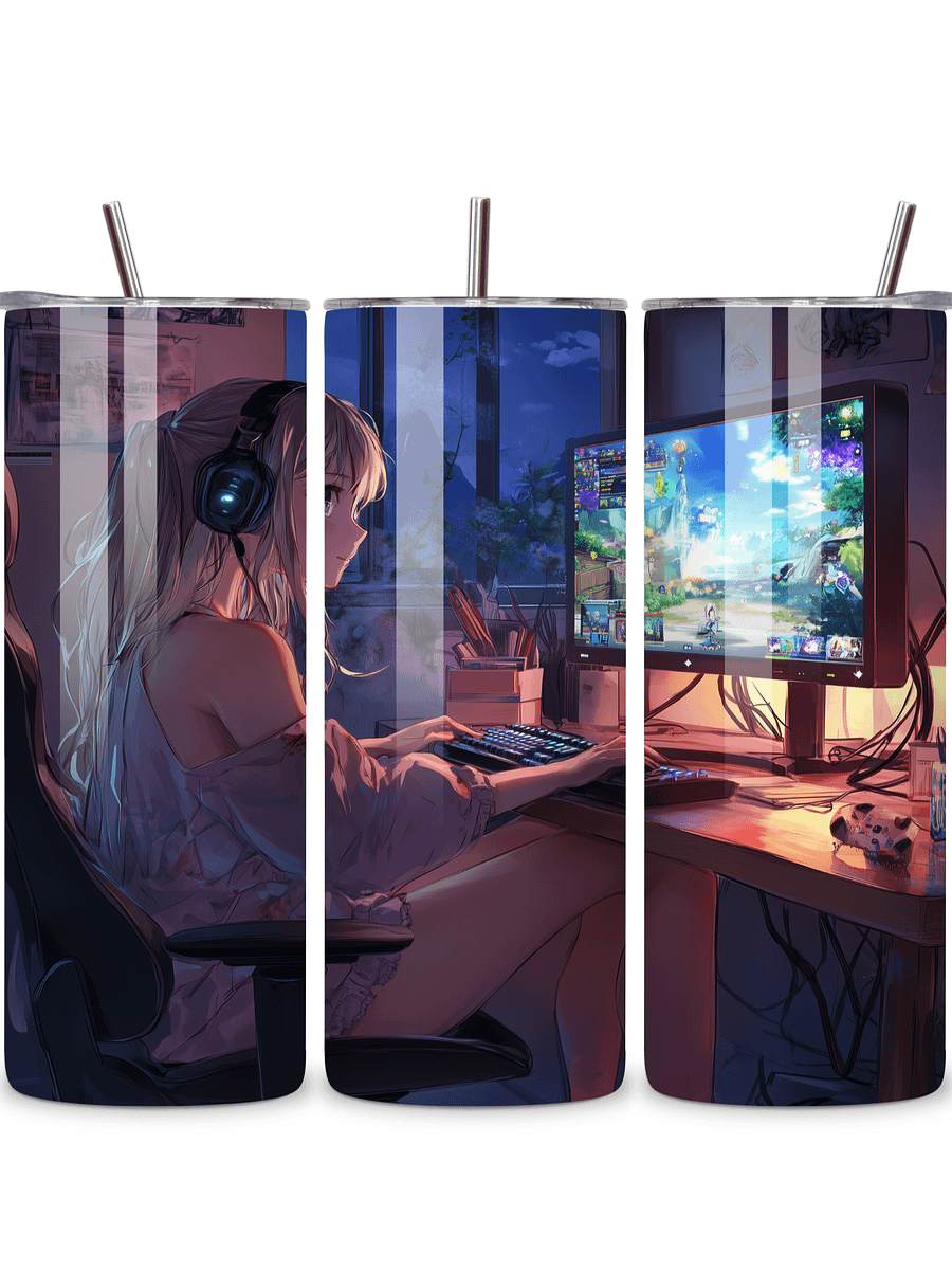 Anime Gamer Girl 20oz Skinny Tumbler with Metal Straw – Vibrant Gaming Setup Design – Double-Walled Insulated Stainless Steel Tumbler Gift for Anime and Gaming Fans (Anime Girl 1) product image (1)