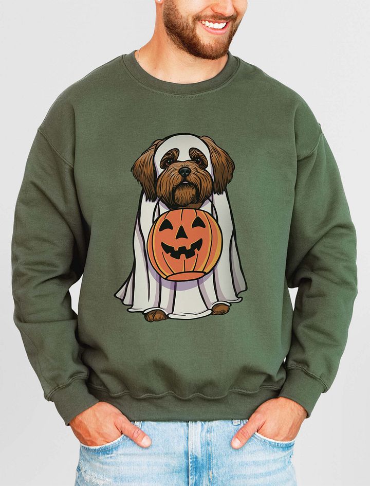 Funny Halloween Shih Tzu(Red) Sweatshirt | Funny Dog Wearing a Ghost Costume and Holding a Pumpkin Basket product image (15)