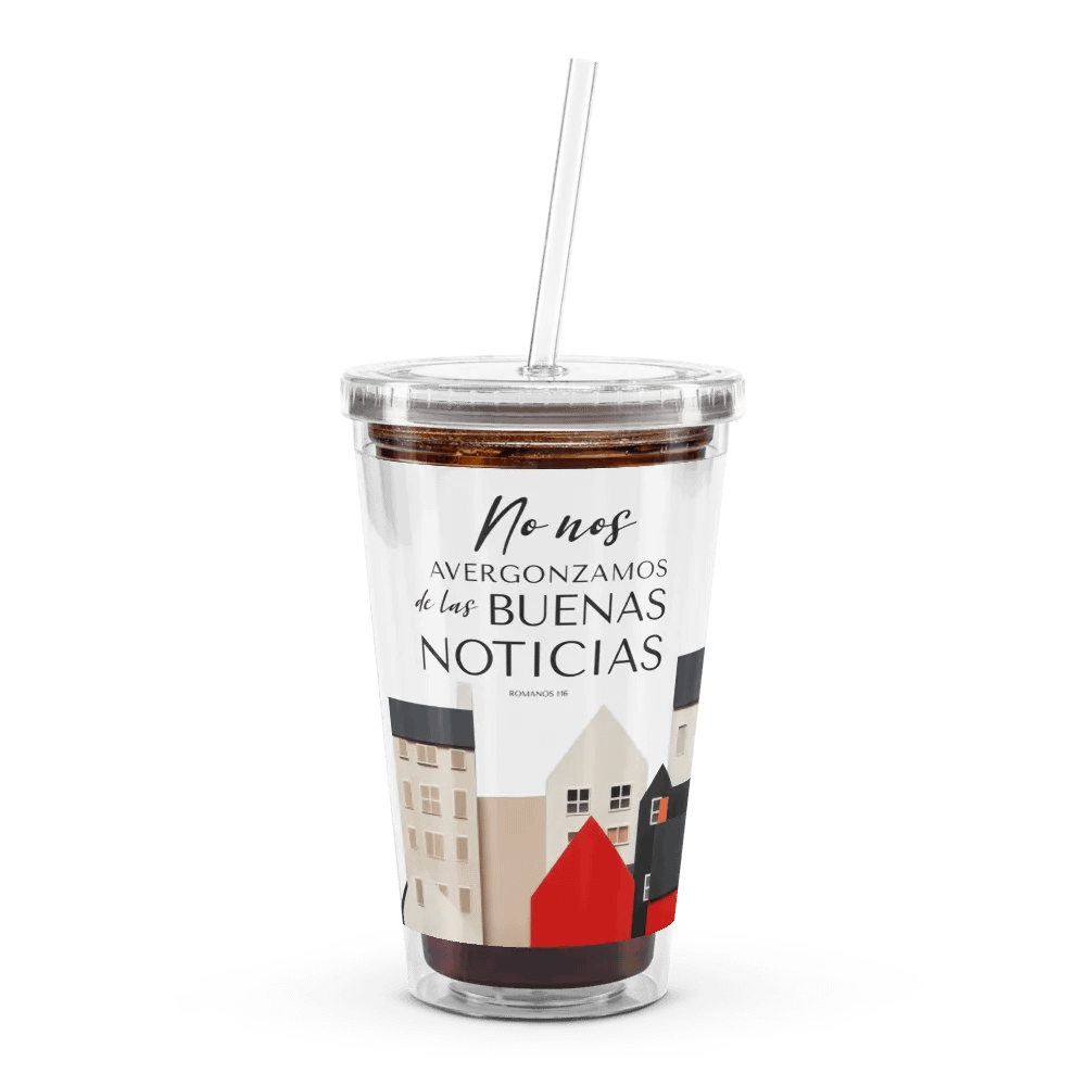 'No Nos Avergonzamos de las Buenas Noticias' Whimsical Town Spanish Tumbler product image (4)