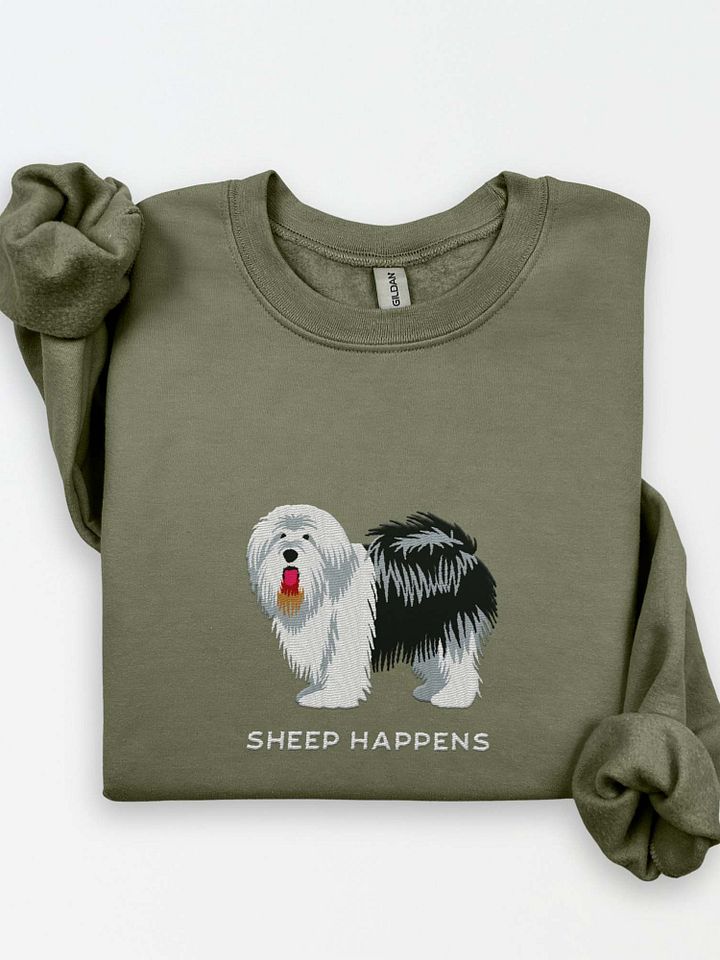 Sheep Happens Sweatshirt (Embroidered) of an Old English Sheepdog(Black & White) product image (1)