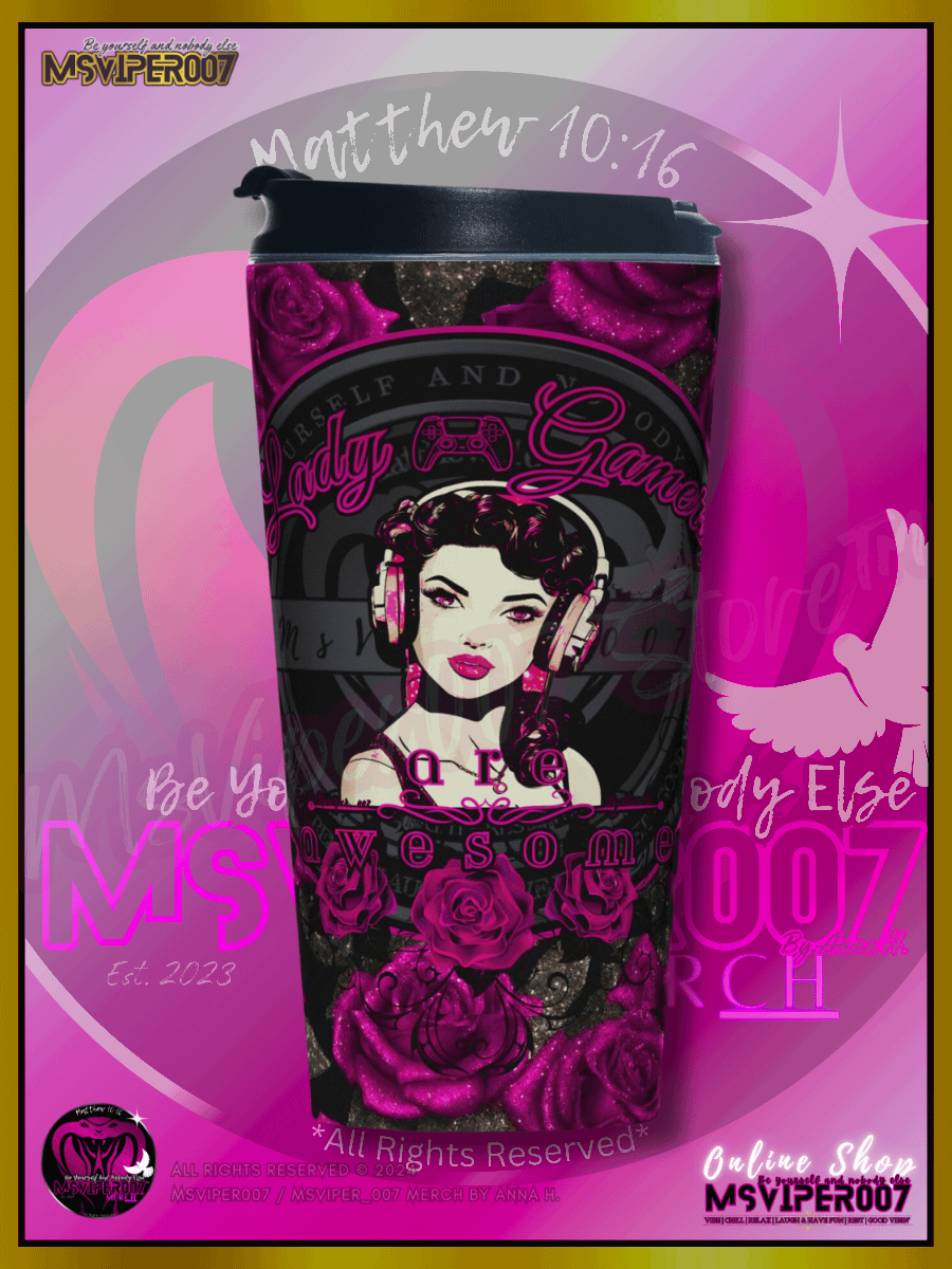 Travel Mug - MsViper007's "Lady Gamers Are Awesome™ [black/velvet violet rose | V3]" Hot or Cold Beverage Stainless Steel Travel Mug by Anna H. product image (1)