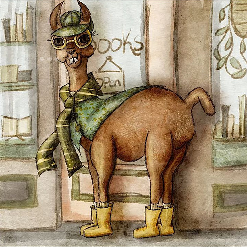 Why is a llama going to a bookstore? Why is he wearing rain boots? Lol, just what I wanted to do this morning. #kidlitillustr...