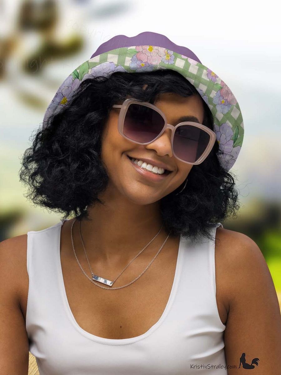 Reversible Bucket Hat Lavender Flowers on Gingham and Solid Plum product image (3)