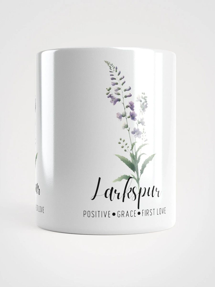 Larkspur Ceramic White Mug: Positive, Grace, First Love, July Birth Month Flower product image (7)