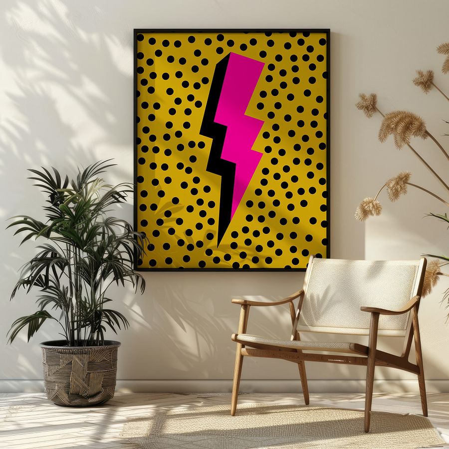 Pink Lightening Bolt on Yellow Dotted Retro Art Print product image (4)