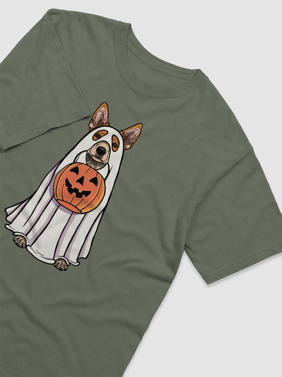 Funny Halloween Australian Cattle Dog(2) T-Shirt | Funny Red Heeler Wearing a Ghost Costume and Holding a Pumpkin Basket product image (14)