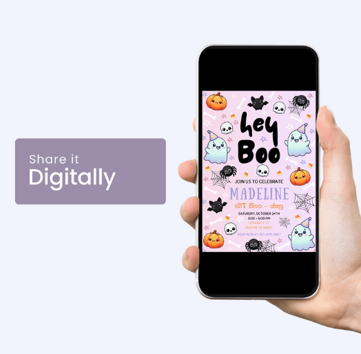 Pink Ghost Birthday Invitation | Hey Boo Cute Halloween Party Invite | Instant Canva Download | Canva Template product image (2)