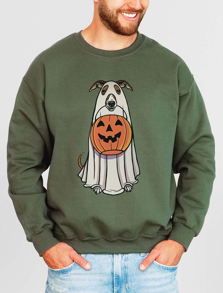 Funny Halloween Italian Greyhound(Sable) Sweatshirt | Funny Iggy Wearing a Ghost Costume and Holding a Pumpkin Basket product image (15)