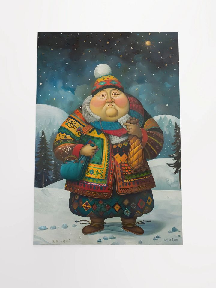 Whimsical winter figure in vibrant patterned outfit. product image (1)