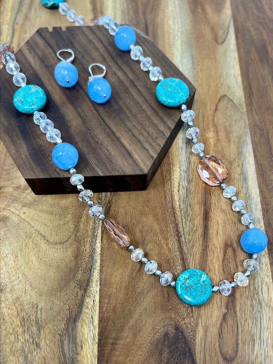 Handmade Necklace and Earring Set (Turquoise, Pink, Blue, AB Crystal) product image (2)