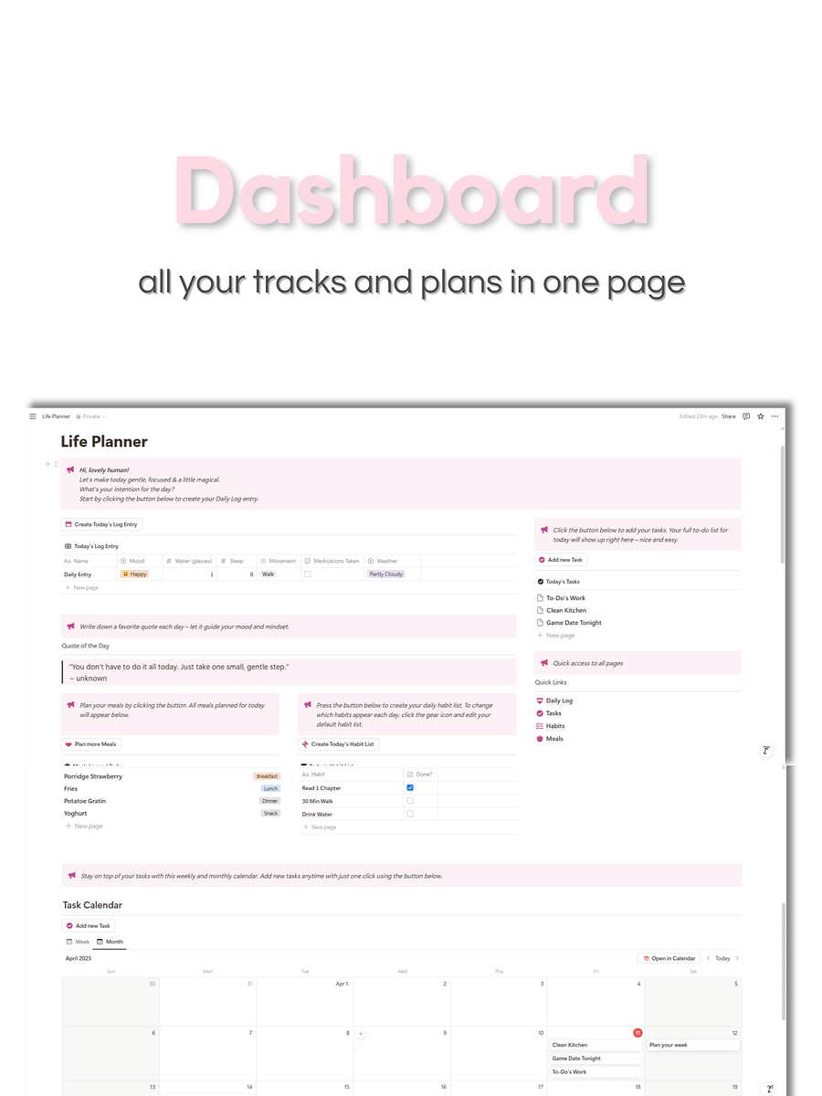 All-in-One Life Planner Template for Notion – Daily Planner, Tasks, Habits & Meal Tracker product image (4)