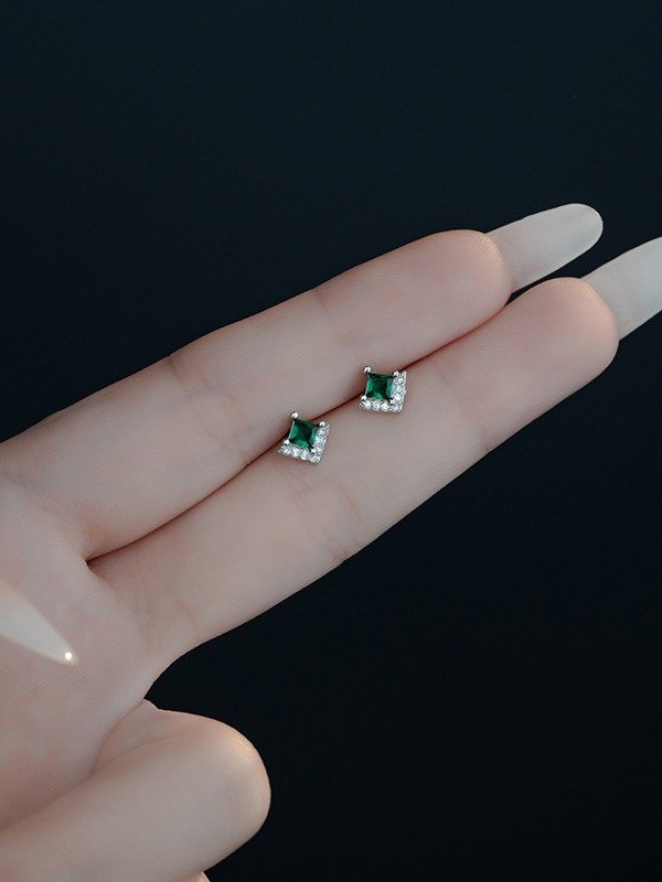 Green Princess-Cut Stud Earrings | 18K Gold Plated product image (7)