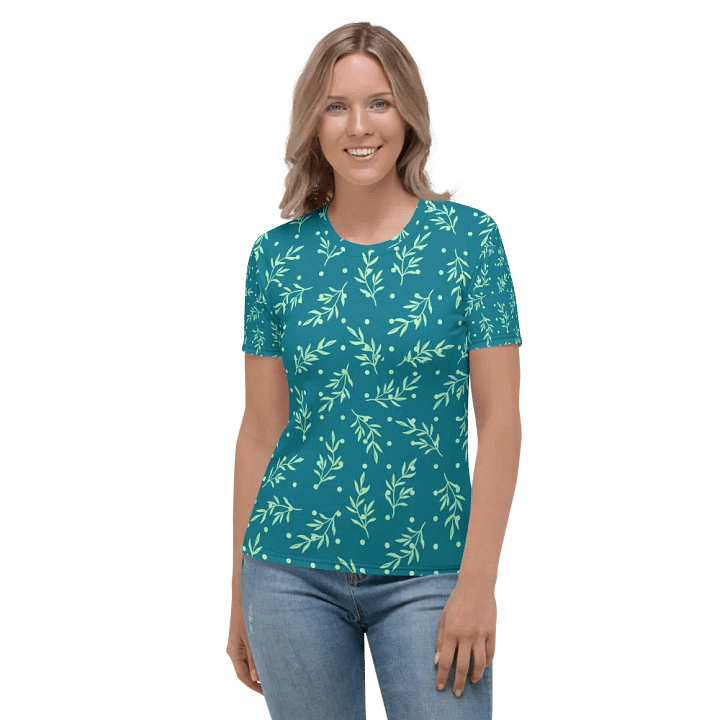 Ladies T shirt all over print teal color  leafy design  giving a fresh healthy feel for outdoor activity or outing. product image (2)