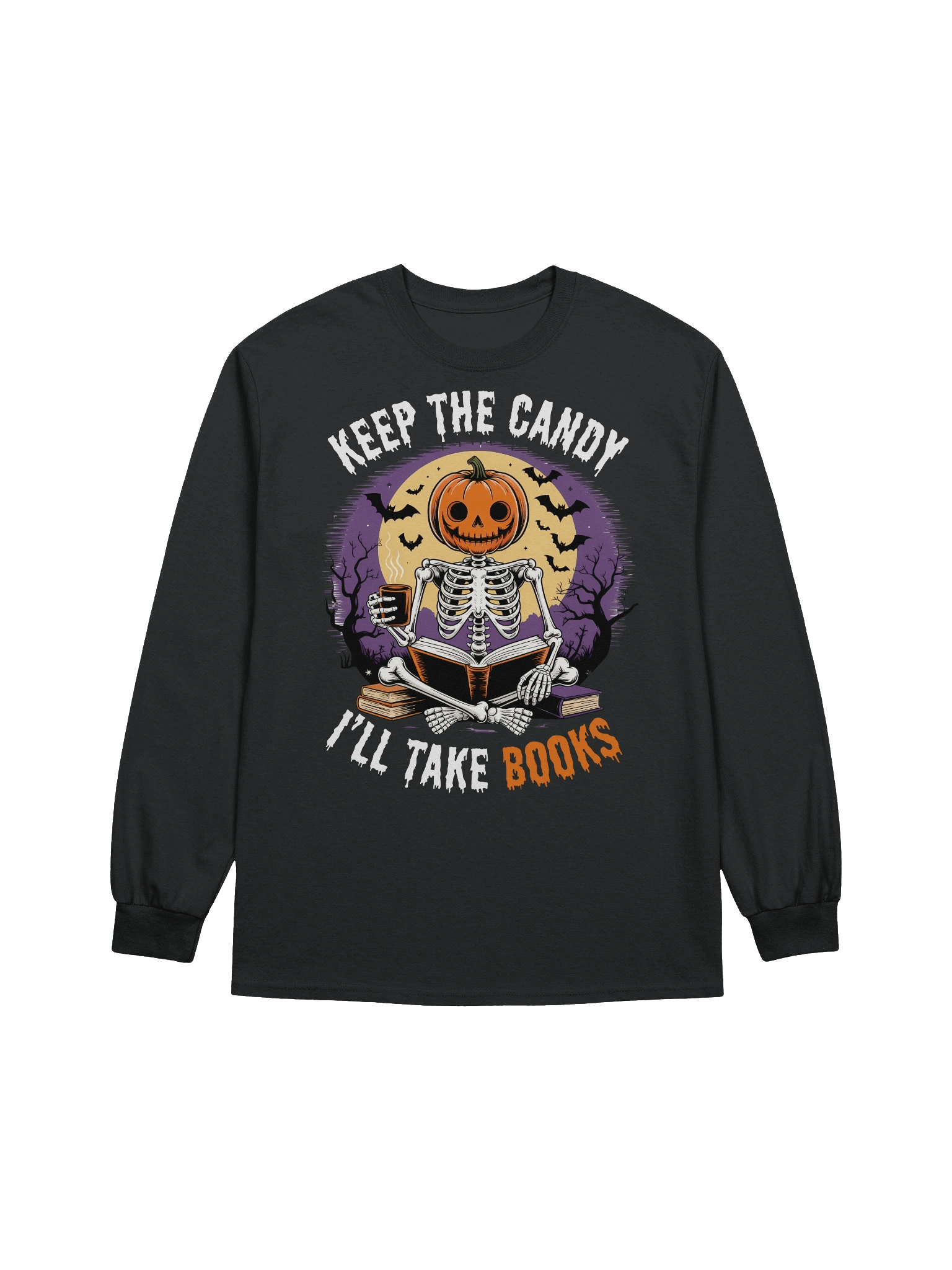 Book Lovers Pumpkin Head Skeleton Long Sleeve Tee product image (1)