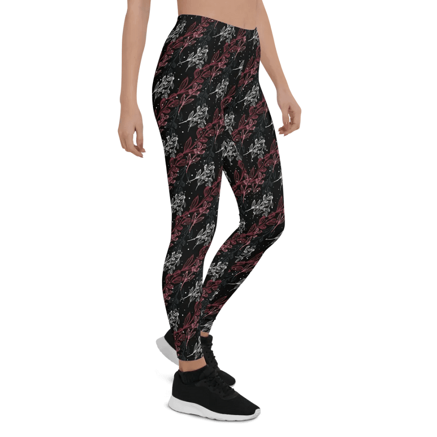 Dark Leggings in unusual diagonal red apricot design on black design with slight sparkle. Ideal for that special event or daily workouts product image (7)