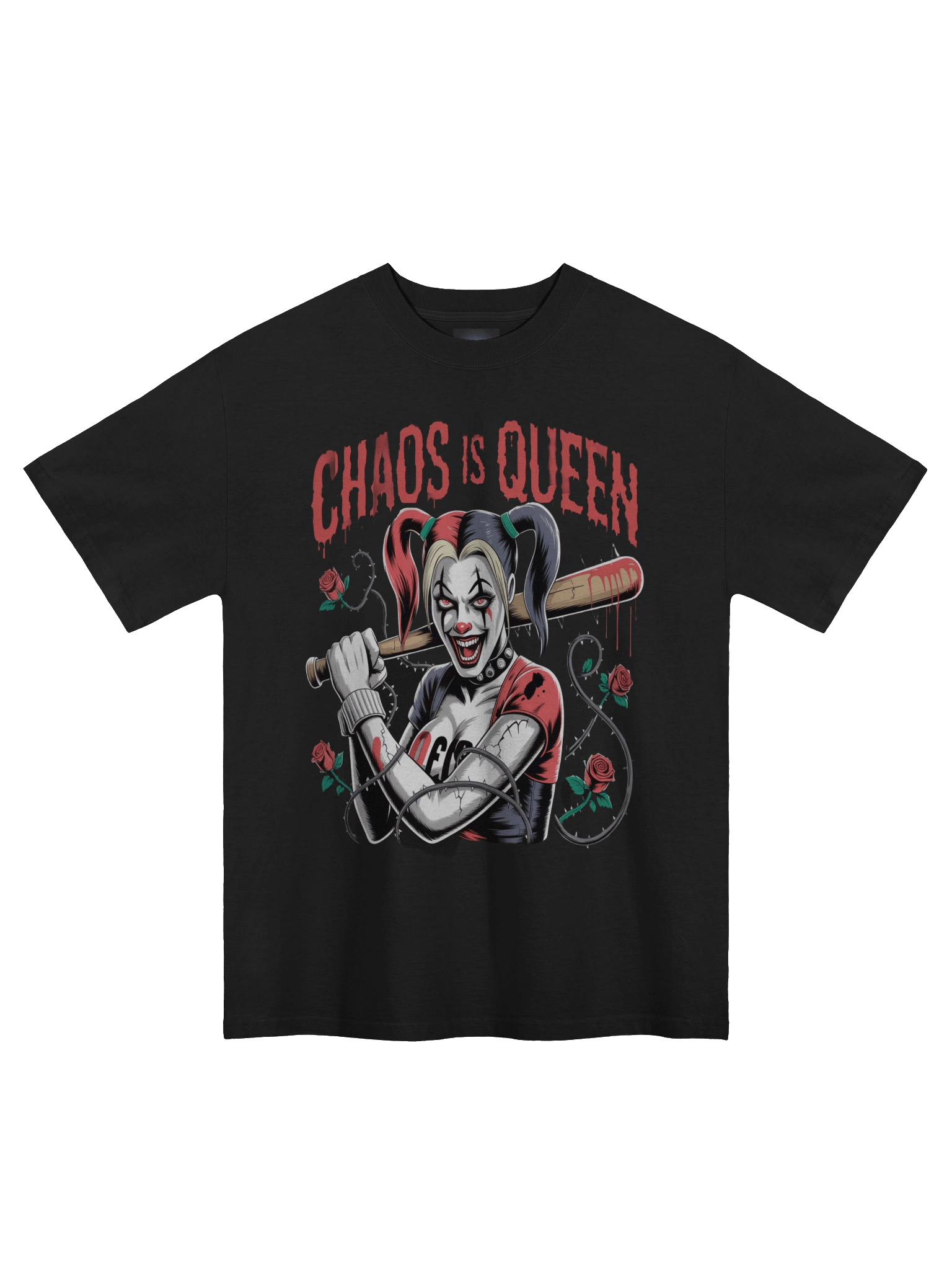 Harley Quinn 'Chaos is Queen' Rose-Thorn Bat Oversized Faded T-Shirt product image (3)
