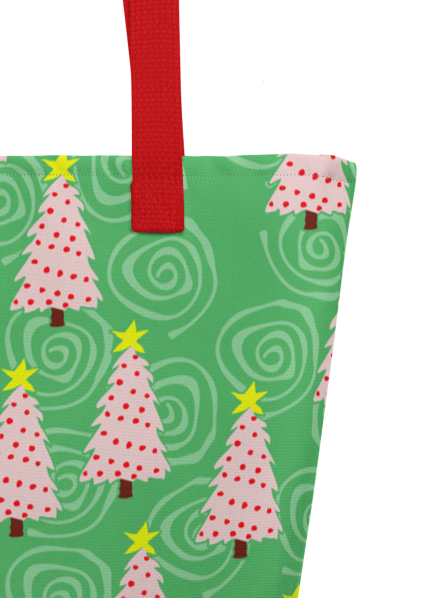 Pink Christmas Trees on Green with Swirls – Large Tote Bag product image (5)