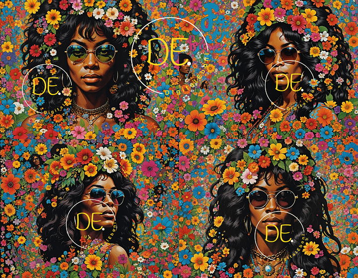 Ebony Blossom Radiance - Vibrant Floral Afro Woman Clipart, Colorful Flower Background, Artistic Digital Illustration for Crafts product image (2)