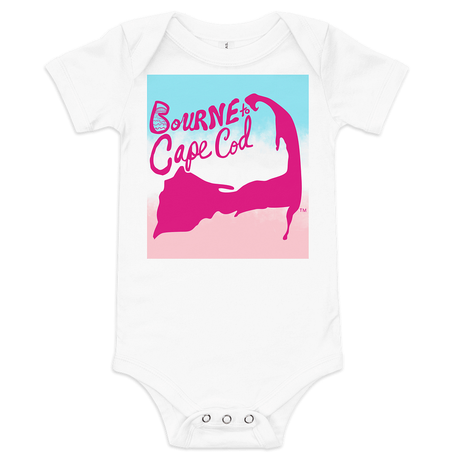 BOURNE to Cape Cod™ | Baby One-Piece with Snaps | BRN.2C.C.™ Logo Back | Ultra-Soft Cotton Bodysuit for Coastal Cuties | Vibrant Pink Logos on a Patriotic Pastels Graphic product image (9)